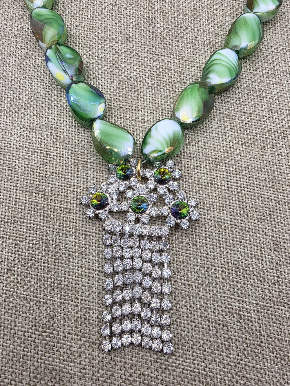 Vintage Green Swirl Beaded Necklace with Crystal Fringe Pendant